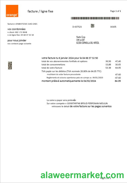 France Orange business utility bill template in Word and PDF formats1